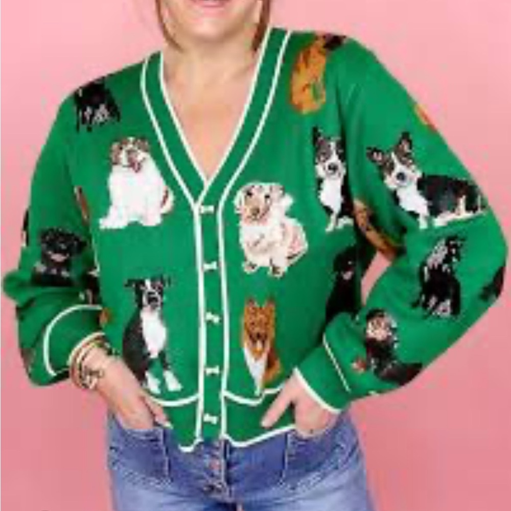 ISO QUEEN OF SPARKLES Green Dog Print Cardigan